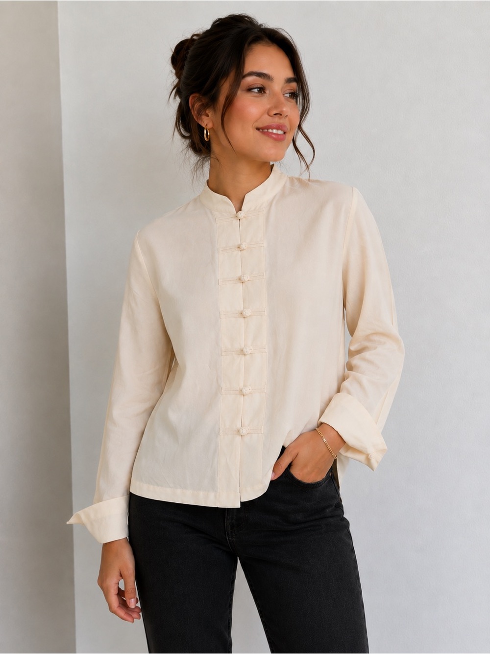 Talbots Cream Mandarin Collar Button-Front Blouse